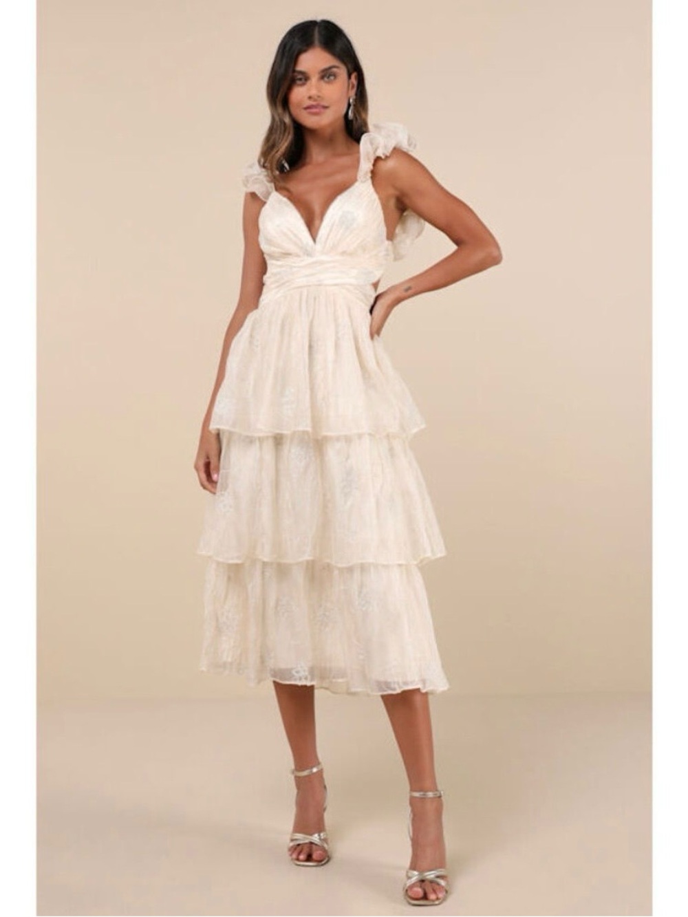 Lulus Whimsical Aura Champagne Embroidered Ruffled Lace-up Dress, Medium